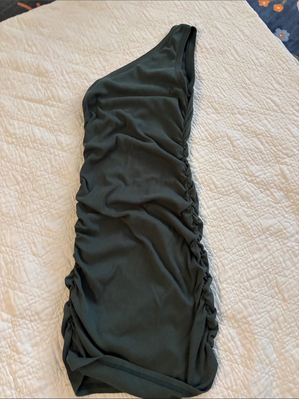 One-Shoulder Ruched Mini Dress in Dark Green - Picture 3 of 3